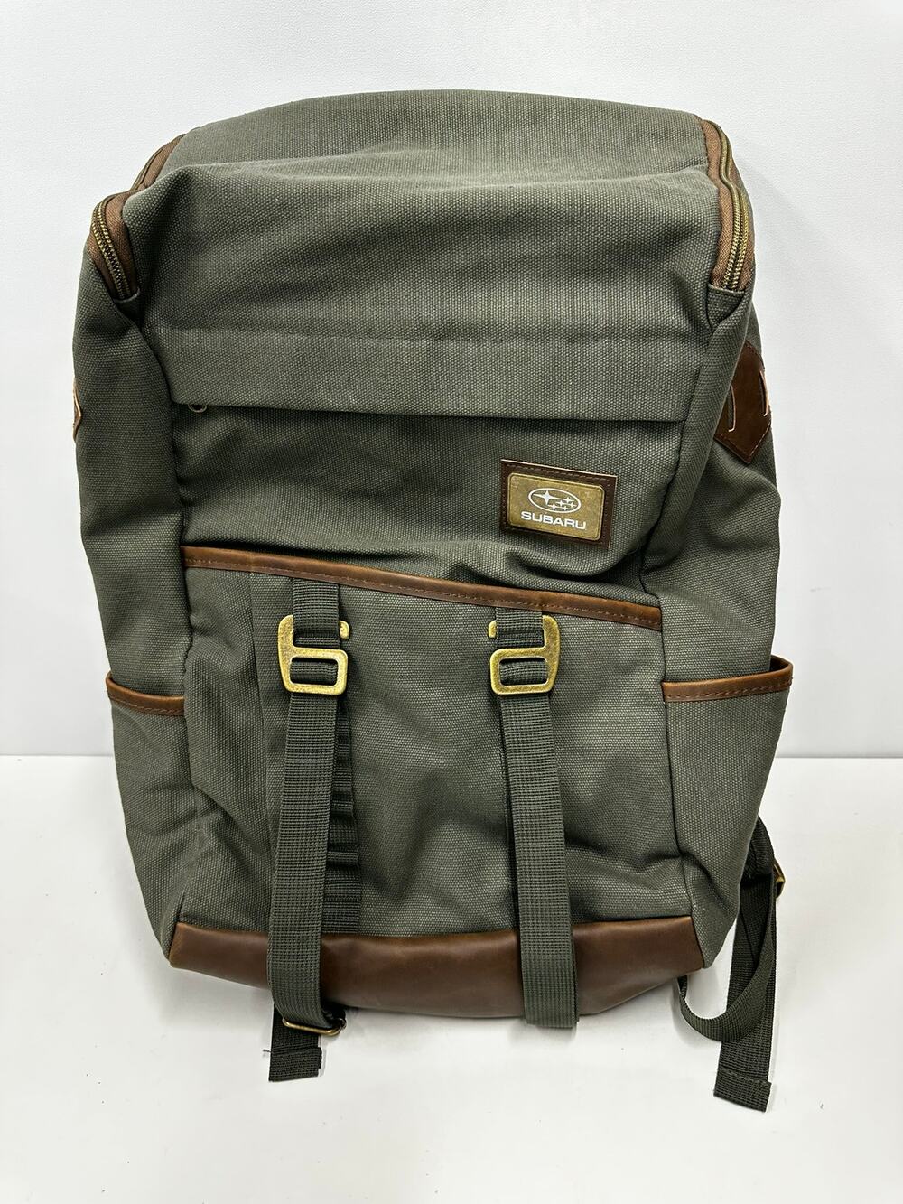 Subaru Finley Mill Backpack Green Canvas Brown Trim Laptop Bag New Without Tags